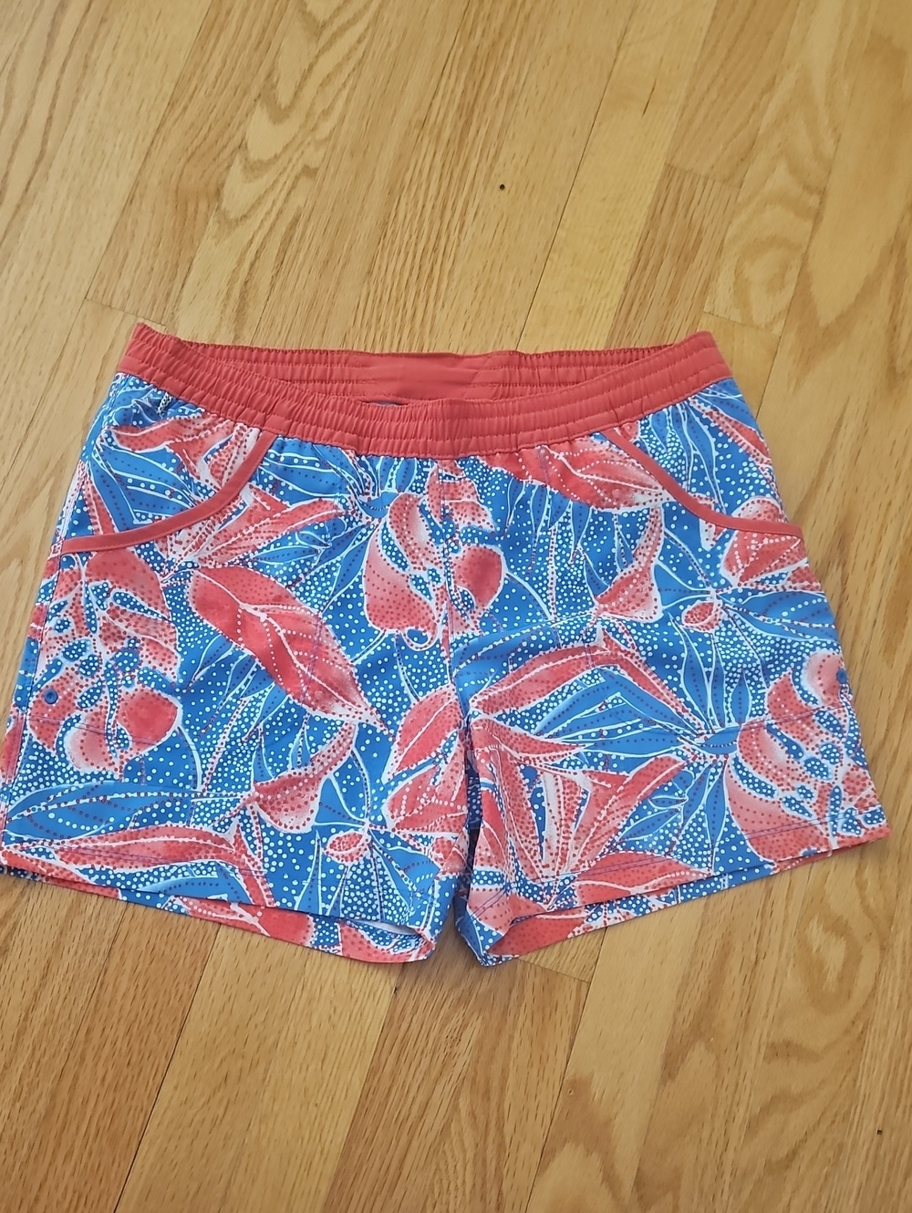 Women’s Blue & Coral Floral Athletic Shorts with Elastic Waist